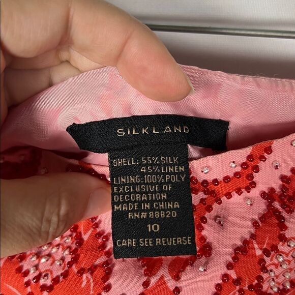 SilkLand Pink and Red Patterned Beaded Mini Skirt Silk and Linen size 10 - Picture 4 of 6